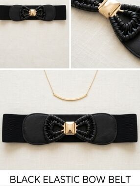 Vintage Style Elastic Waist Belt With Braided Leather Gold Bow Buckle Black S ML